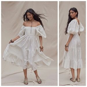 Jens Pirate Booty Wonderland Alice Metallic Striped Ivory Puff Sleeve Dress